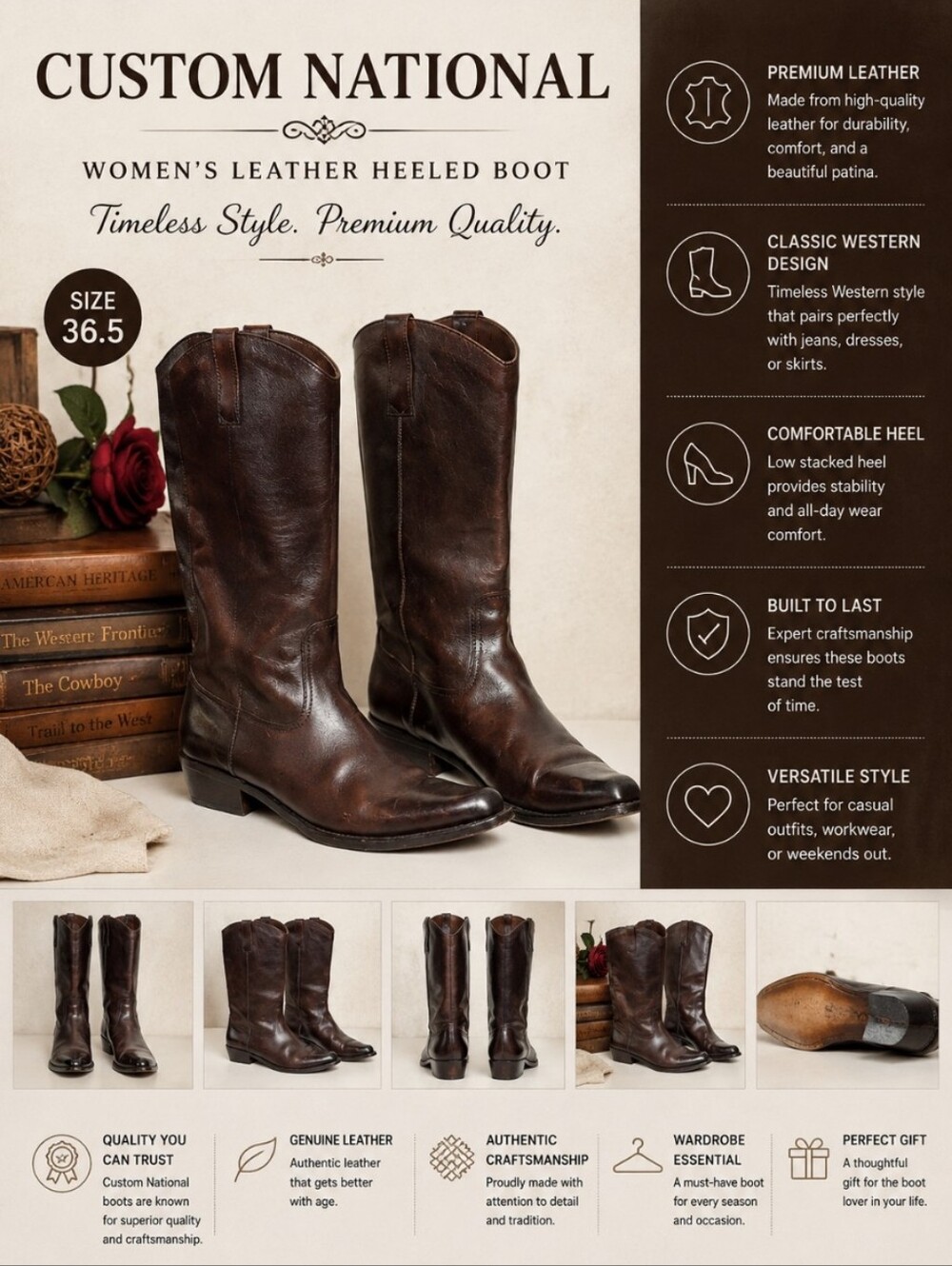 CUSTOM NATIONAL Women's 36.5 Leather Heeled Boot